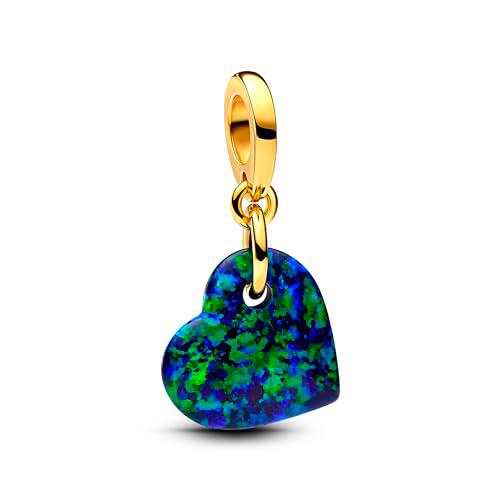 Pandora Moments Colgante con diseño de corazón chapado en oro de 14 quilates con ópalo verde azul creado en laboratorio